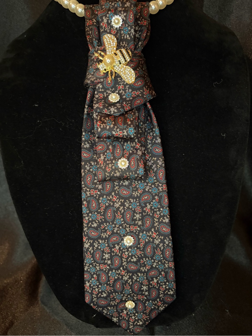 Dior Black Paisley Scarf Tie with Gold Bee Brooch